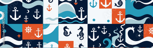Nautical-themed-pattern-with-anchors-seahorses-and-waves-in-a-colorful-geometric-design-using-blue-red-orange-and-white