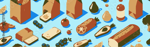 isometric-illustration-shows-fruits-vegetables-bread-and-grocery-bags-arranged-on-a-light-blue-background-with-sharp-shadows_and_vibrant-colors