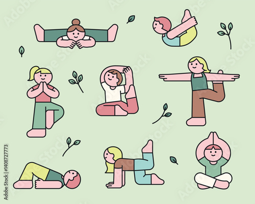 Cute characters doing various yoga poses. Flat wellness illustration with peaceful vibe and mindfulness exercise for a healthy lifestyle.