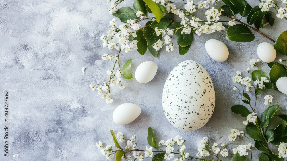 Fototapeta premium A delicate Easter egg surrounded by soft greenery and flowers, with open space for custom text or creative Easter messages