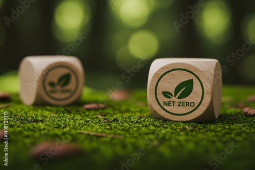 Net zero and carbon neutral concept.Net Zero Greenhouse Gas Emissions Target, Climate Neutral Long-Term Strategy on Green Background, Wooden cube with Net Zero logo,lush green moss, blurred background