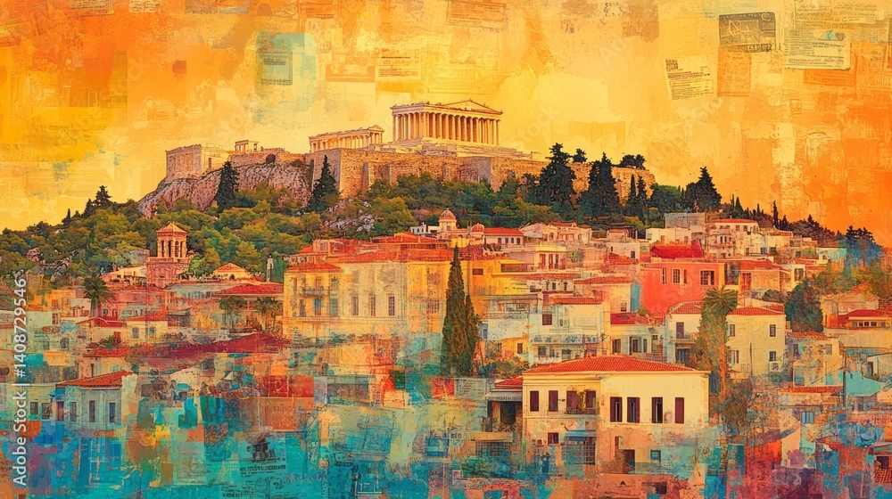 Obraz premium Colorful artistic view of Athens with the Acropolis in view