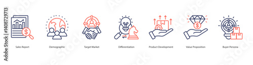 Target Market Selection icon sheet vector sales report, demographic, target market, differentiation, product development, value proposition, buyer persona