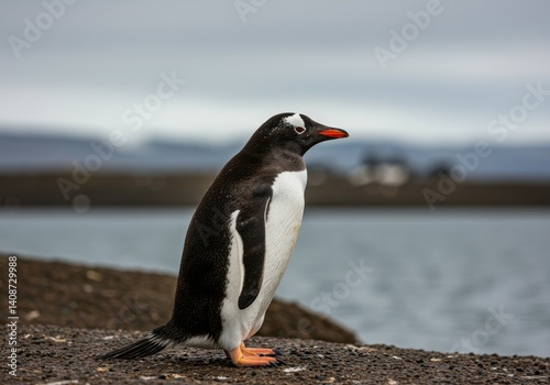 great capture of a gentoo penguin standing in front of a body of water