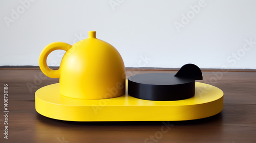 A vibrant yellow teapot and black lid rest on a wooden tray, adding a pop of color to your kitchen. Ideal for stylish home decor or still life photography.