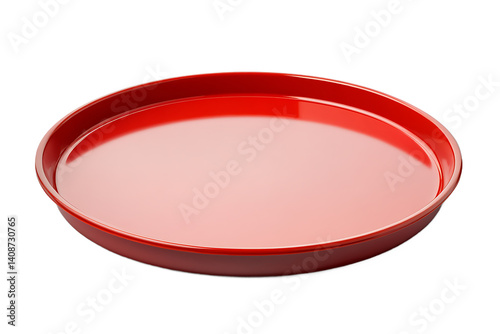 A close up shot of a shiny red circular tray with a raised edge on a black background studio shot