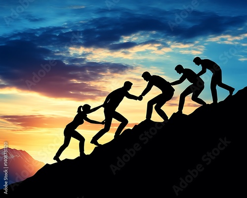 People collaboratively helping each other climb up a mountainous landscape