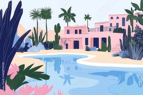 Serene Oasis A Tropical Paradise with Tranquil Waters and Picturesque Architecture