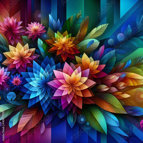 Colorful Geometric Floral Artwork – Abstract Digital Flowers with Multicolored Petals and Leaves on a Vibrant Gradient Background

