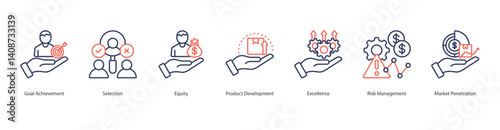 Competitive Advantage Icon Sheet vector goal achievement, selection, equity, product development, excellence, risk management, market penetration