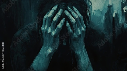 Depressed figure, hands covering face, shrouded in gloom.