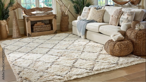 Cozy living room with soft rug, sofa, woven accents, and natural light
