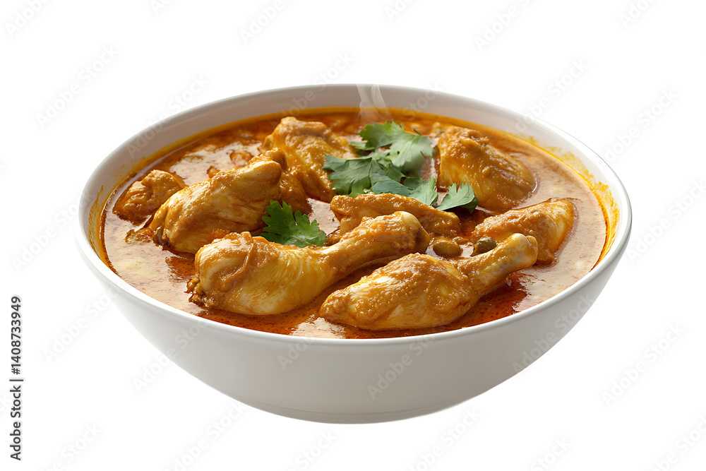 A bowl filled with chicken drumsticks in a rich sauce garnished with fresh green cilantro leaves view