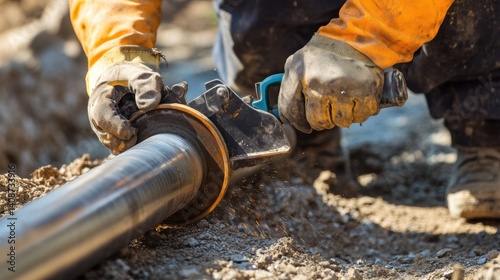 A construction worker cutting a metal pipe with a hacksaw. Featuring pipe cutting and metalwork