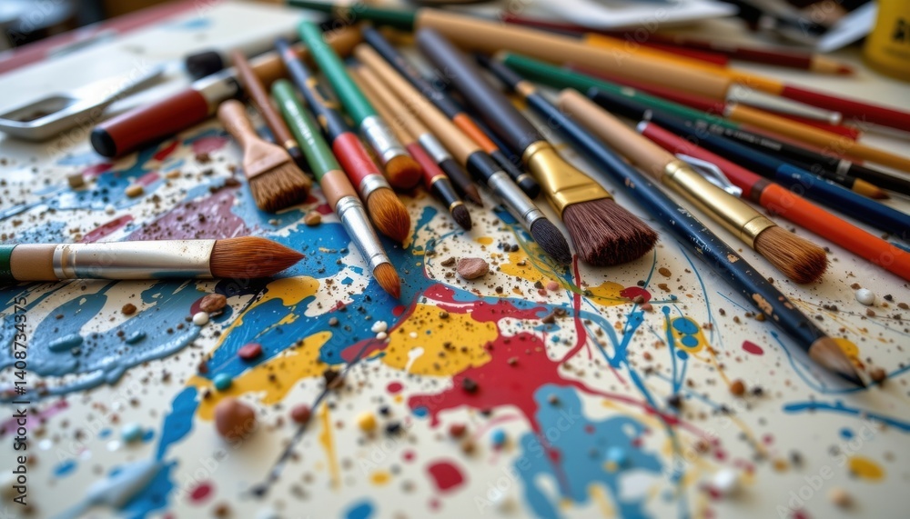 Brushes of different sizes and textures are scattered across the cluttered studio table, each one chosen for its specific purpose in the painting process. Brushes of different sizes and textures are scattered across the cluttered studio table, each one chosen for its specific purpose in the painting process.