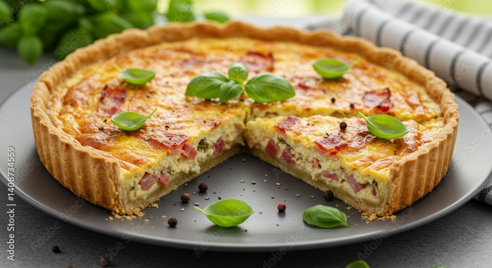 Appetizing bacon and cheese quiche featuring fresh basil leaves against blurred background Appetizing bacon and cheese quiche featuring fresh basil leaves against blurred background