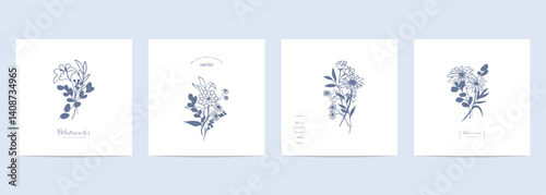 Schilderij op canvas 草木の線画。草木と花のベクターイラスト。草木の飾りフレーム。Line drawing of plants and trees