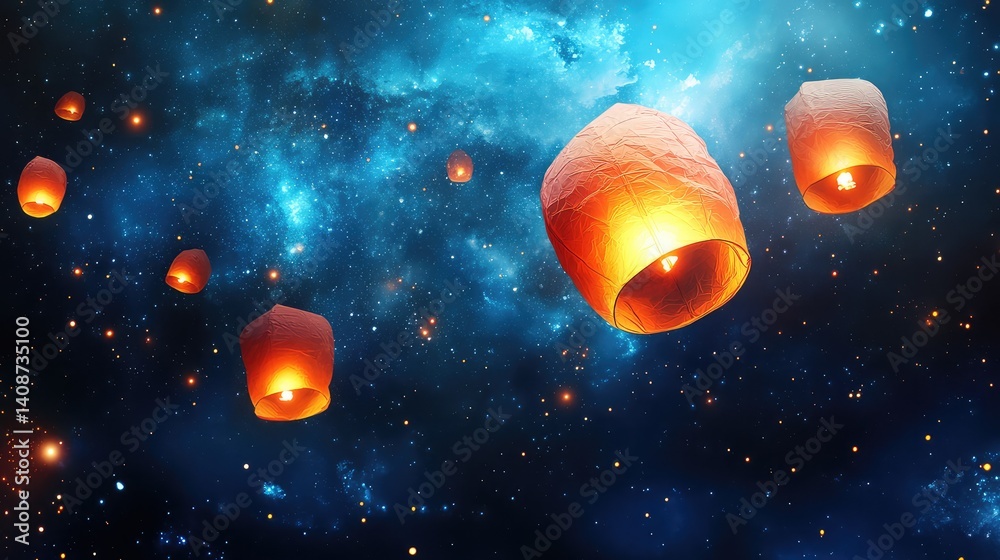 Fototapeta premium Nighttime sky filled with floating paper lanterns ascending slowly, magical celebration moment with space