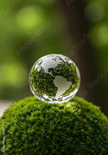 Glass globe, Crystal globe on green moss in forest to protect nature, Eco-friendly esg conservation care for the earth for sustainability keep the earth clean and ecology. Earth Day, Environmental 