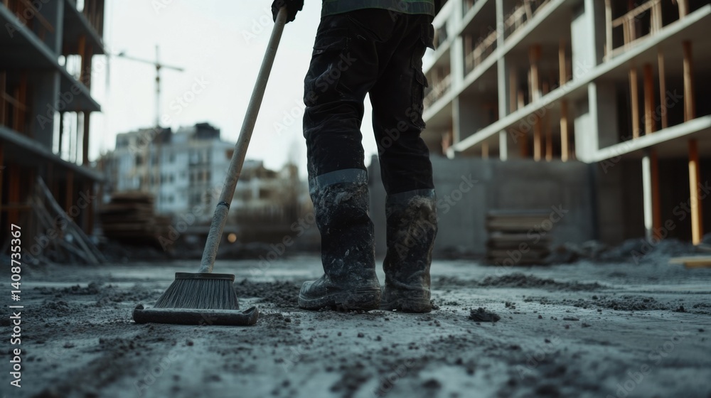 A construction worker cleaning a construction site with a broom. Featuring diligence and cleanliness A construction worker cleaning a construction site with a broom. Featuring diligence and cleanliness