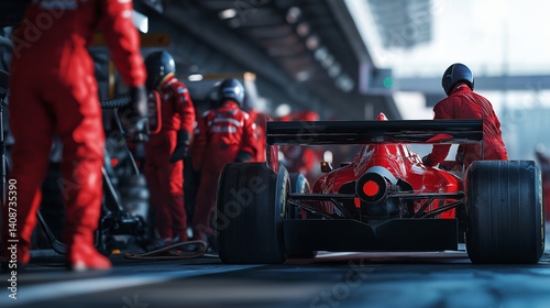 formula 1 red car parked near pit crew.
