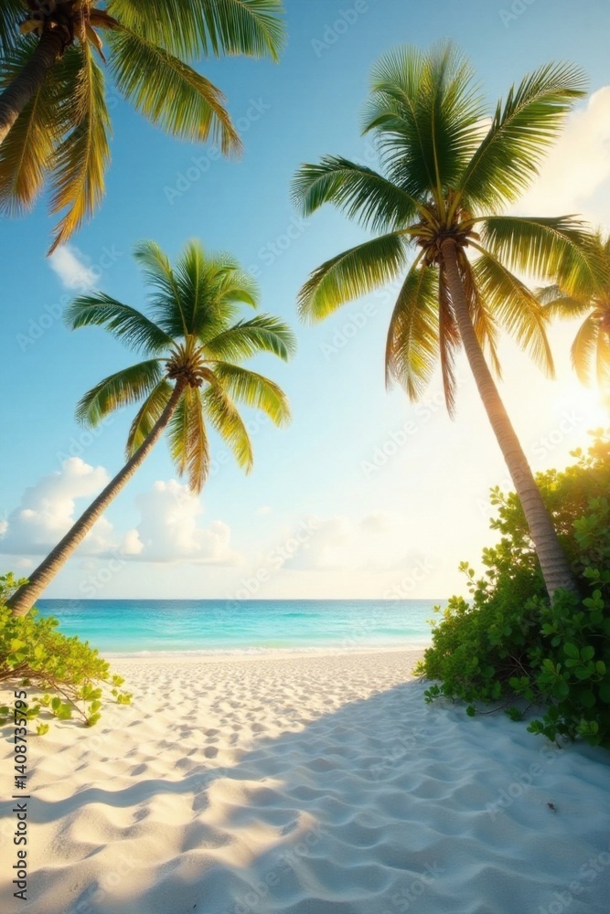 Obraz premium Palm trees stand tall amidst soft white sandy beach, warm golden light casts a tranquil ambiance, serene, vintage