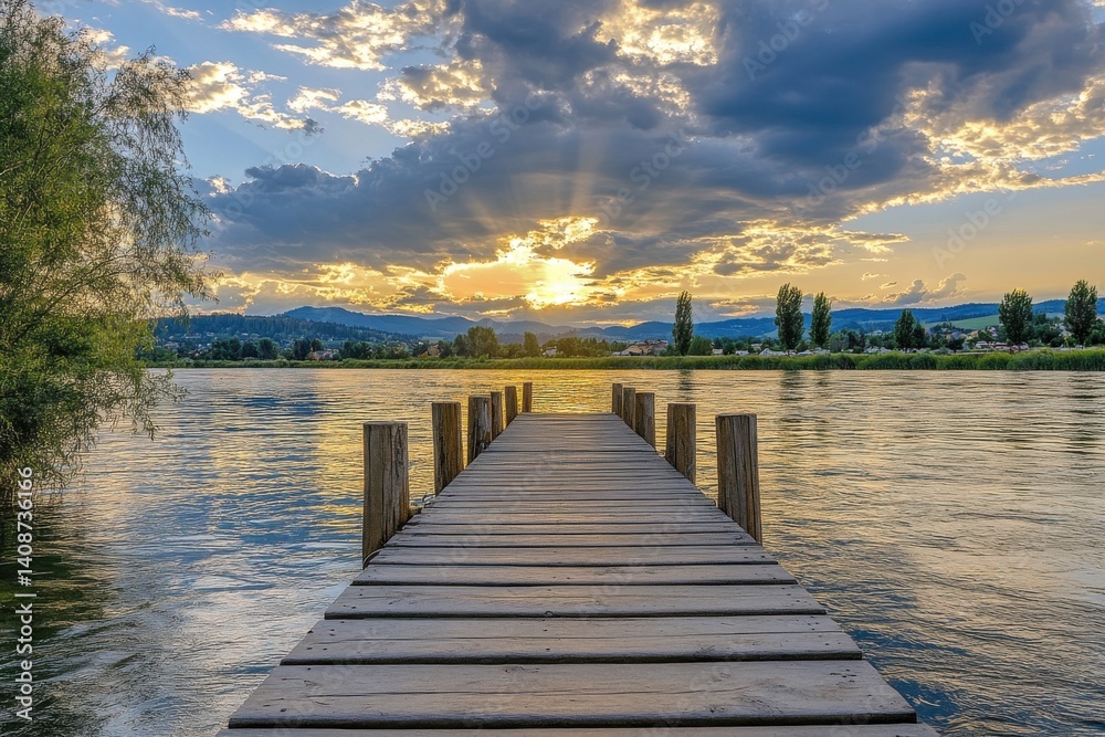 Fototapeta premium Tranquil Lakeside View A Wooden Pier Reaching Out to the Sunset's Glow