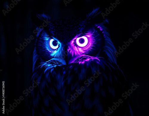 Neon-Eyed Owl in the Midnight Forest photo