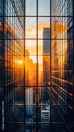 A city skyline with a beautiful sunset in the background. The buildings are tall and the windows are large  giving a sense of openness and grandeur. The warm colors of the sunset create a peaceful