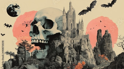 Spooky halloween collage features a skull castle and bats