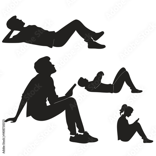 People Silhouettes Enjoying Relaxing Leisure Time Using Mobile Devices On A White Background In Different Relaxed Postures