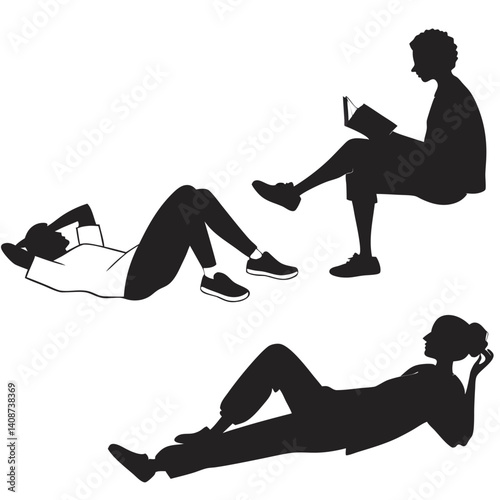 People Relaxing Silhouettes Illustration Showing Relaxation Activities Like Reading And Lying Down Against A White Background