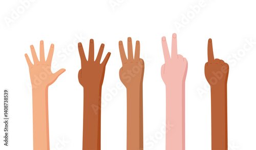 Cartoon hand count gesture set in flat style. Bare arms stretch showing finger positions for counting. Various fingers depict numbers in a cartoon character format, ideal for basic math education.