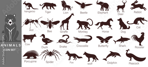 Animal silhouettes in a set Lion, elephant, bird, dog, cat, plus many other animals. Vector illustration