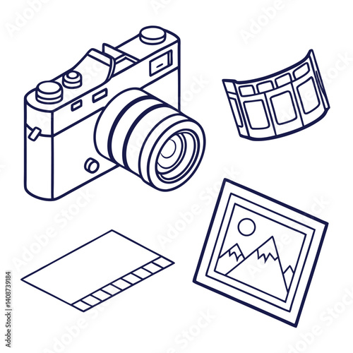 Camera Photography Outline Style With Film Strip,Photo Album And Photograph Of Mountains On White Background For Stock Photos