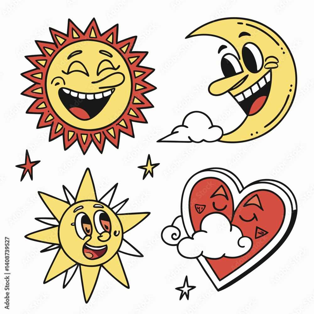 Fun Cartoon Weather Set With Smiling Sun Moon Heart And Stars On White Background Perfect For Design Assets And Creative Projects Fun Cartoon Weather Set With Smiling Sun Moon Heart And Stars On White Background Perfect For Design Assets And Creative Projects