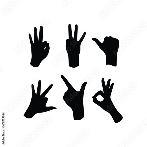 Set Of Hand Sign Silhouettes Featuring Gestures Of Success And Agreement Including Okay And Pointing For Communication And Expression