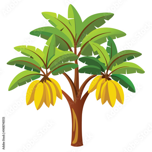Cartoon Banana Tree Illustration With Yellow Fruit And Green Leaves Detailed Tropical Plant Vector Graphic On Isolated Background