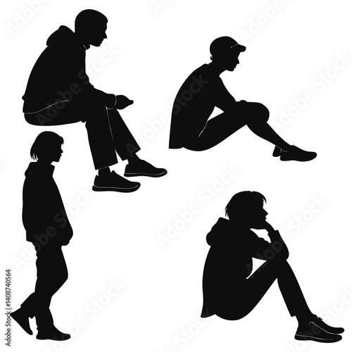Silhouette Of People Sitting Standing And Thinking On A White Background Mood Psychology And Different Poses And Moods In Black Color