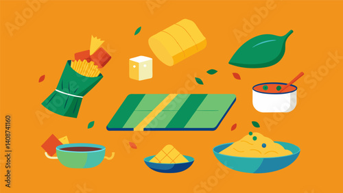 An interactive area where visitors can learn how to make tamales and follow the steps to assemble and wrap them.. Vector illustration