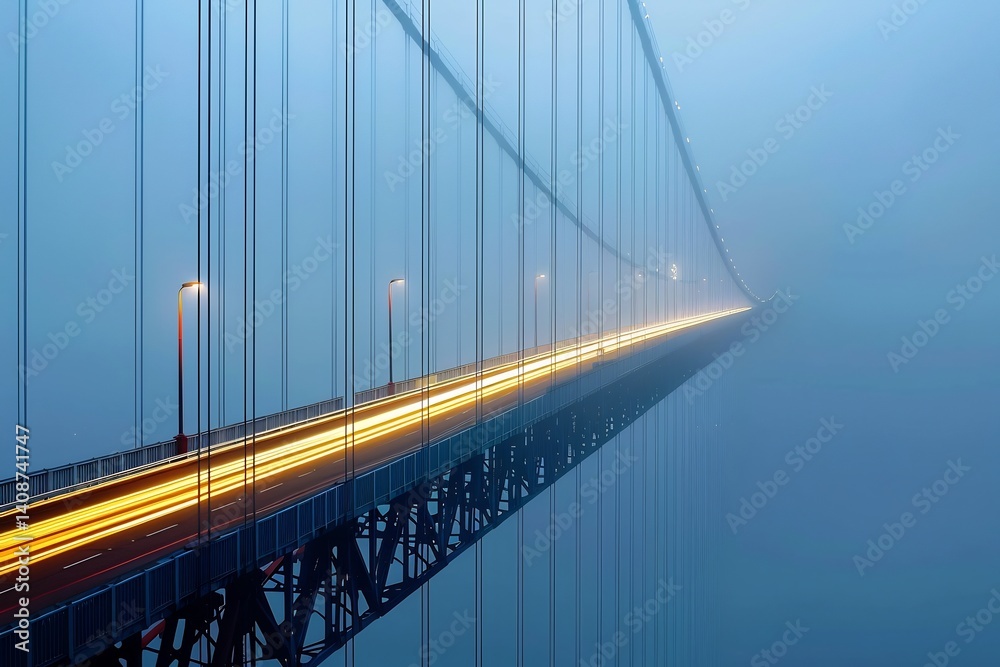Obraz premium Long exposure car light trails a suspension bridge under indigo skies foggy atmosphere cinematic framing