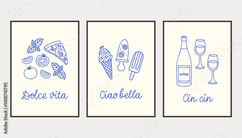 La dolce vita doodles placard or poster set. Vector illustration of italian style hand drawn posters. Wall art prints decor. Illustration for invitations, menus design.