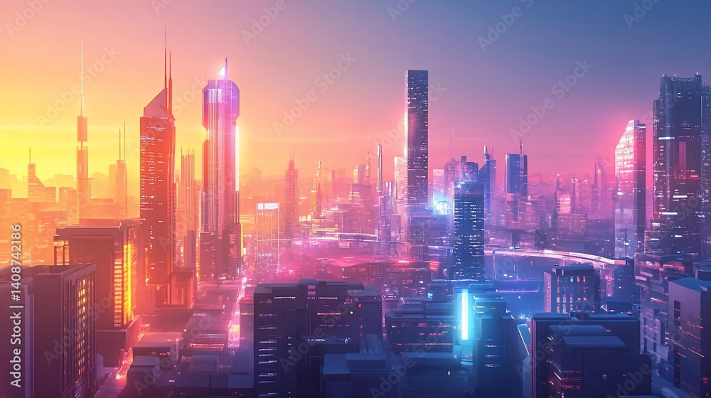 Obraz premium Futuristic Metropolis at Sunset: A Vibrant Urban Landscape of the Future