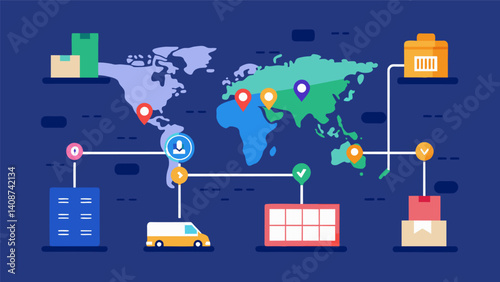 A supply chain map overlaid with realtime data on production timelines and shipping schedules providing a complete picture of the endtoend supply chain.. Vector illustration