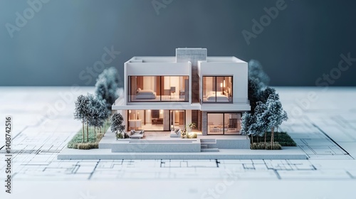 Building house on blueprint featuring project and model concept. Stylish architectural model of a modern house on plans.