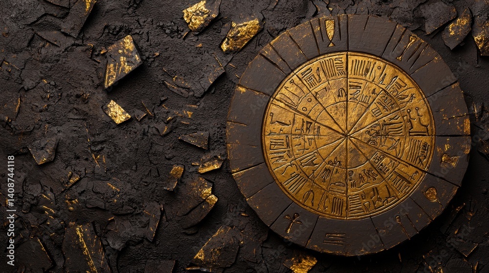 Obraz premium Weathered clay plate with traditional Egyptian hieroglyphics, golden edges, and sacred inscriptions, historical document design.