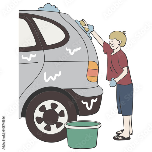 Little boy washing vehicle