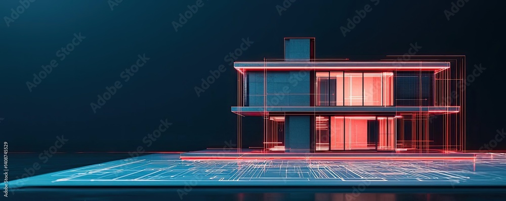 Fototapeta premium Building house on blueprint with model and vignetting concept. Futuristic house design with digital wireframe technology.
