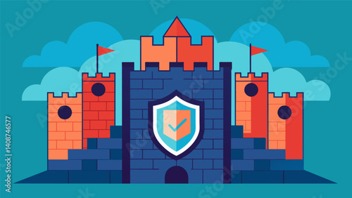 A shielded fortress with imtrable walls of encryption shielding confidential data from potential cyber attacks.. Vector illustration photo