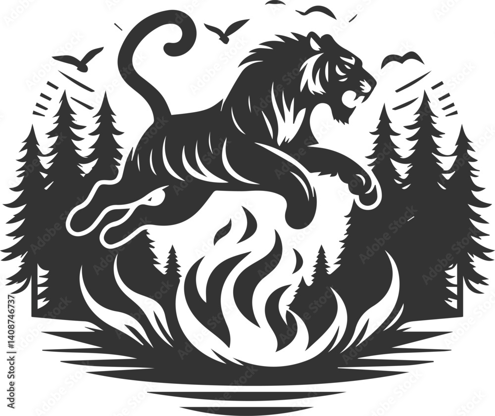 Obraz premium Tree with tiger animal vector silhouette